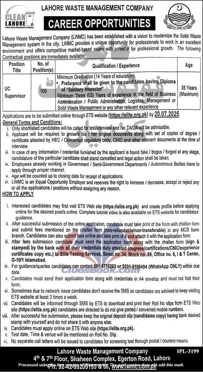 100 Vacancies for LWMC UC Supervisor Jobs 2025
