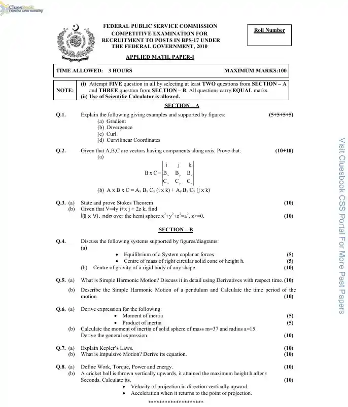 Applied Mathematics CSS Papers 2010
