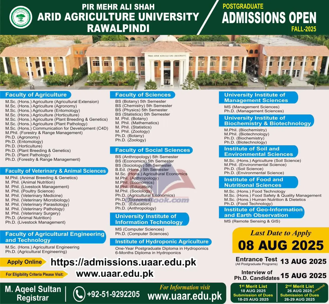 Arid Agriculture University Admissions for PG at Rawalpindi Fall 2025 1 Arid Agriculture University Admissions for PG at Rawalpindi Fall 2025