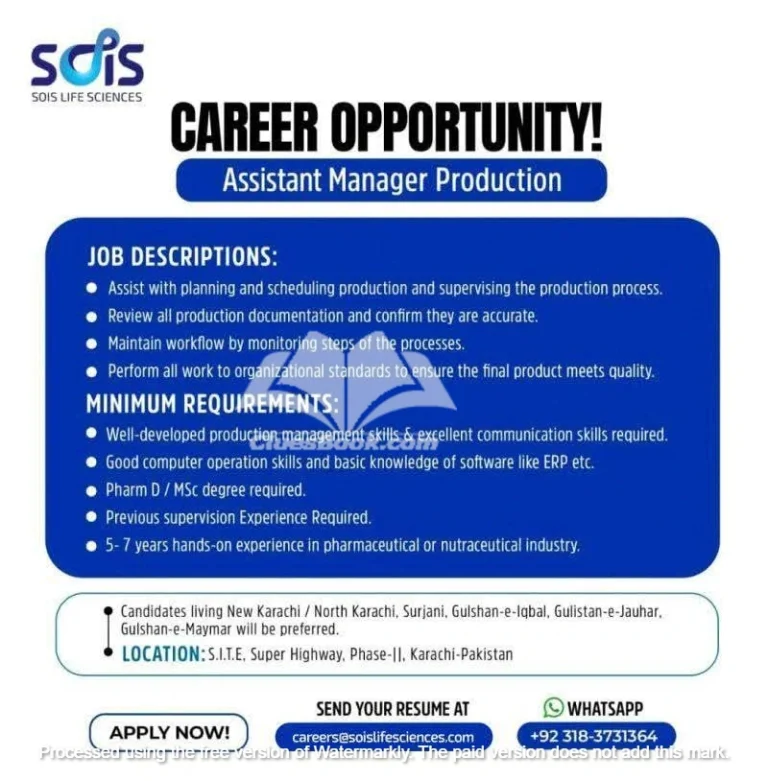 Assistant Manager Production Jobs in SOIS Life Sciences 6 Assistant Manager Production Jobs in SOIS Life Sciences