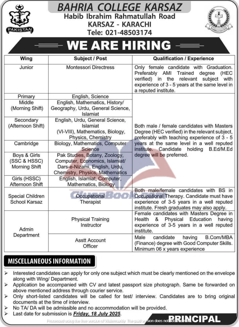 Bahria College Karsaz Jobs for Teaching and Non-Teaching 2025 1 Bahria College Karsaz Jobs For Teaching and Non-Teaching