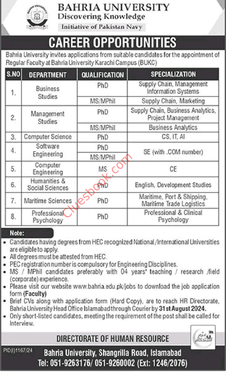 Bahria University Lecturer Jobs in Karachi (2024)- Complete Details