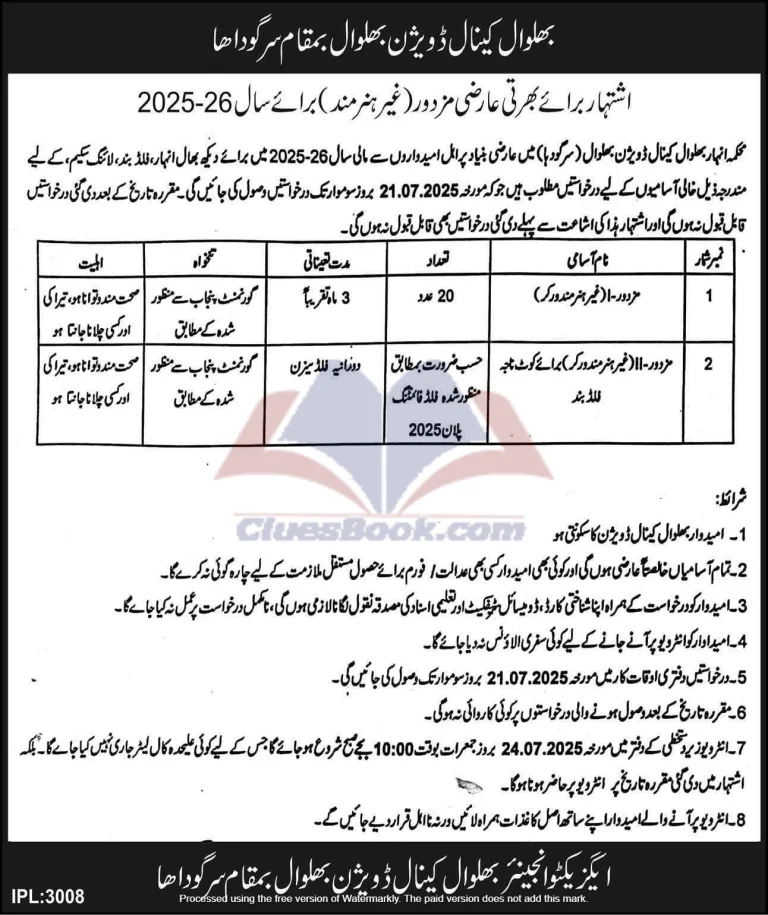 Seasonal Labour Jobs 2025 Bhalwal Canal Division 6 Bhalwal Canal Division Jobs for Seasonal Patwari/Beldar 2025