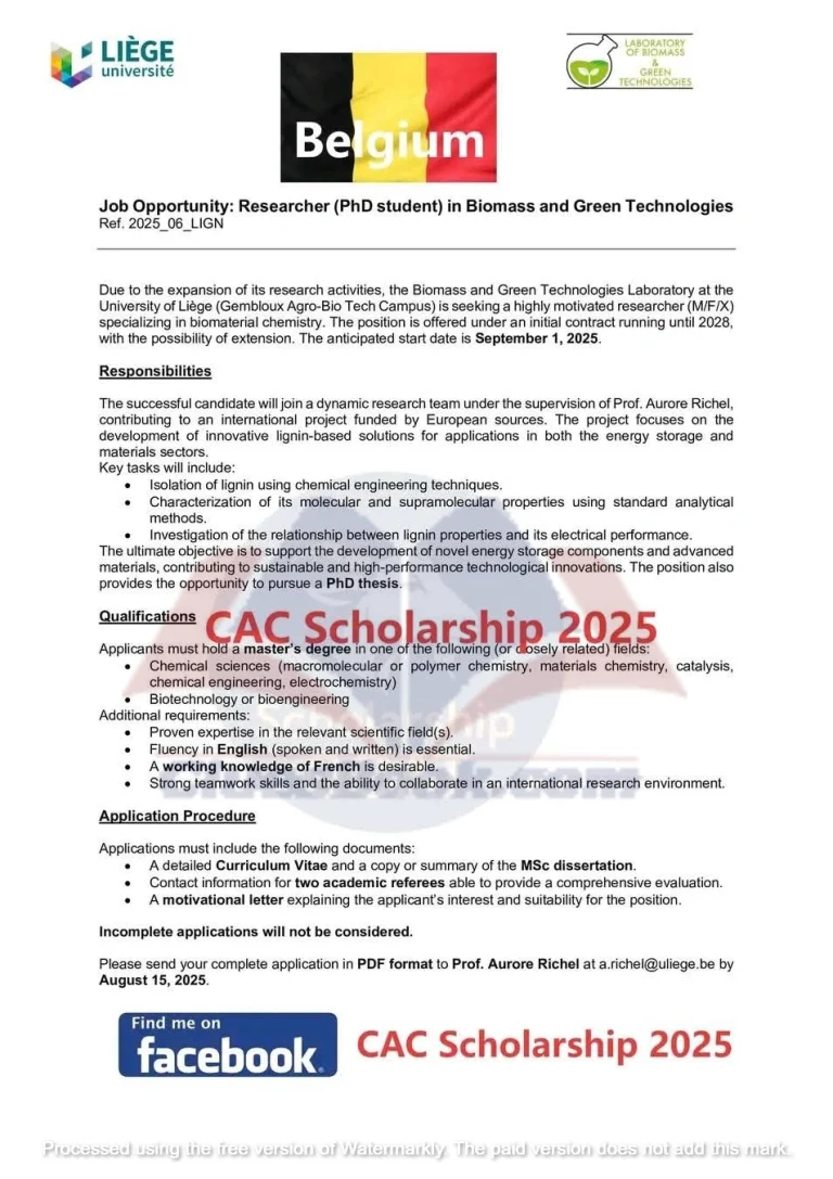 Biomass & Green Tech PhD Scholarship in Belgium 2025
