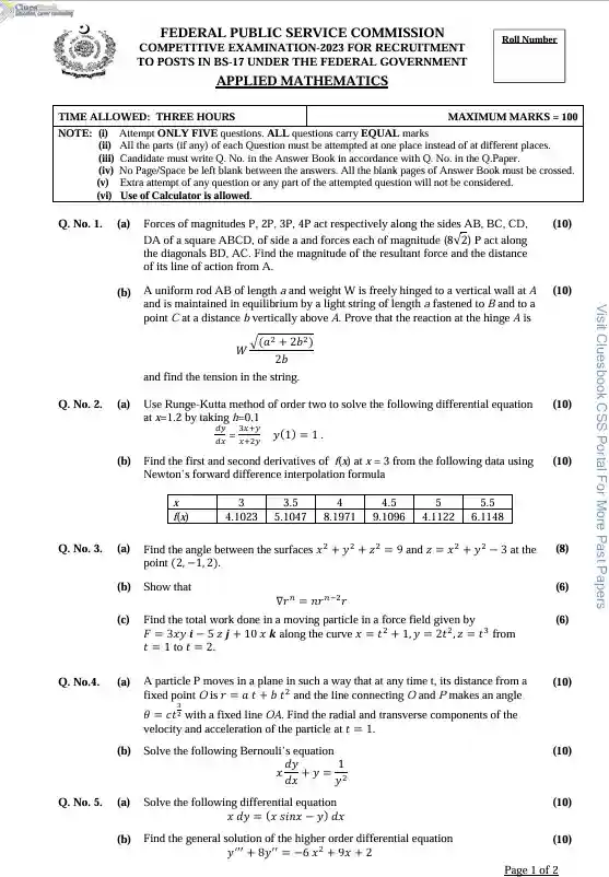 CSS Applied Mathematics Past Papers 2023