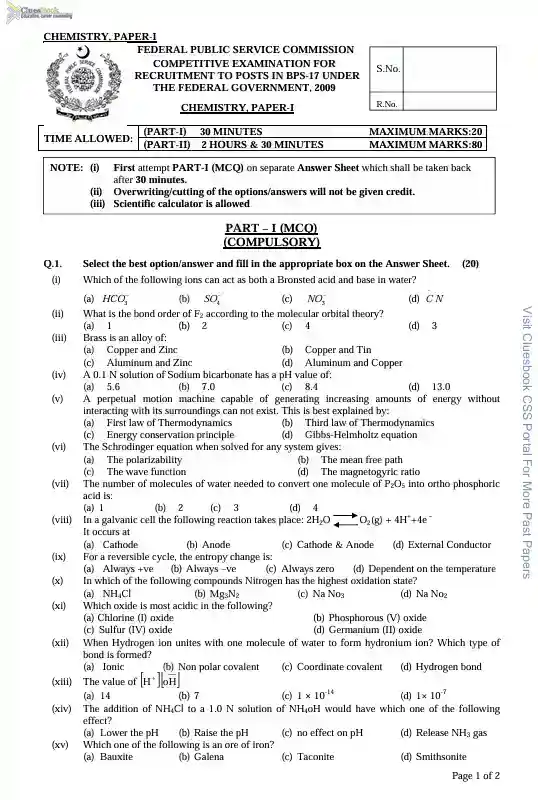 CSS Chemistry Past Papers 2009
