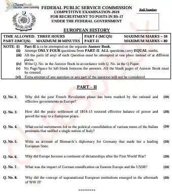 CSS Past Papers European History 2019