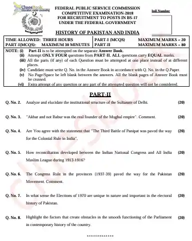 CSS Past Papers History of Pakistan and India Paper 2018