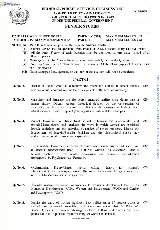 CSS Past Papers of Gender Studies PDF 2021