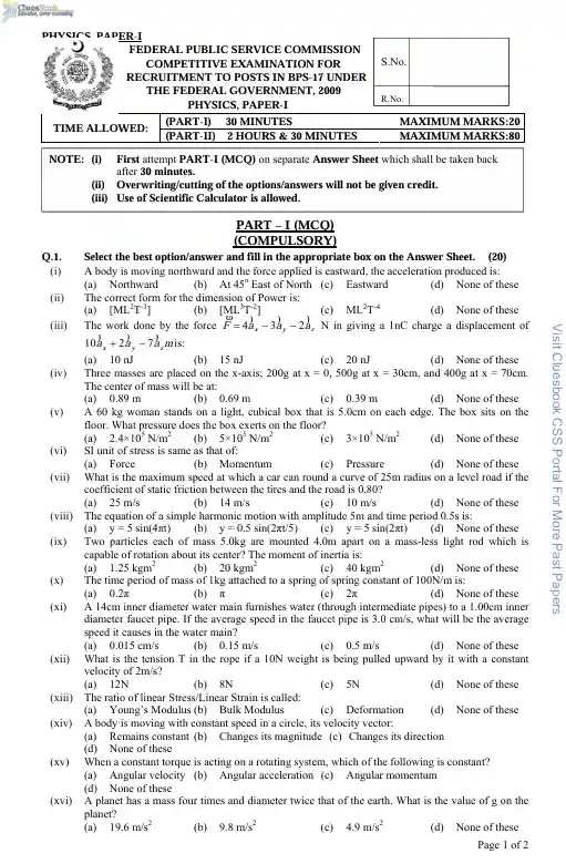 CSS Physics Past Papers 2009 16 CSS Physics Past Papers 2009