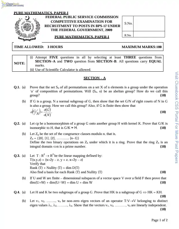 CSS Pure Mathematics Past Papers 2009