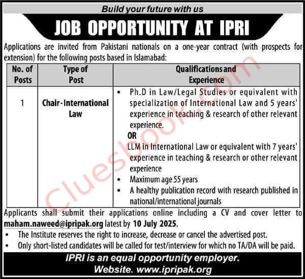 Chair-International Law Job at IPRI Islamabad 2025