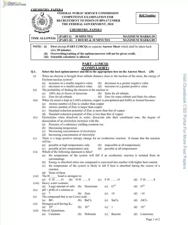 Chemistry Past Papers CSS 2010