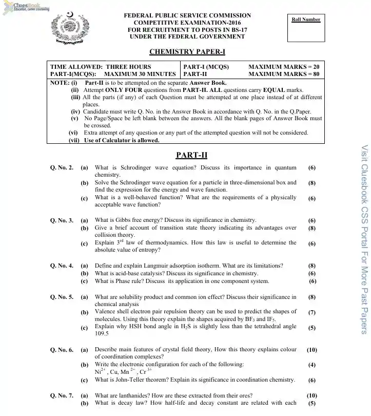 Chemistry Past Papers CSS 2016