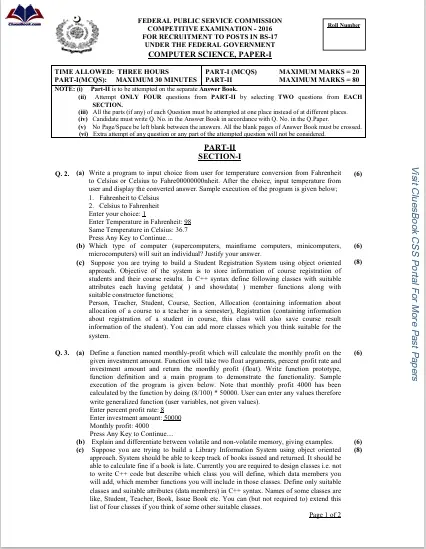 Past Computer Science 2016 CSS Paper 1 Computer Science 2016 CSS Paper