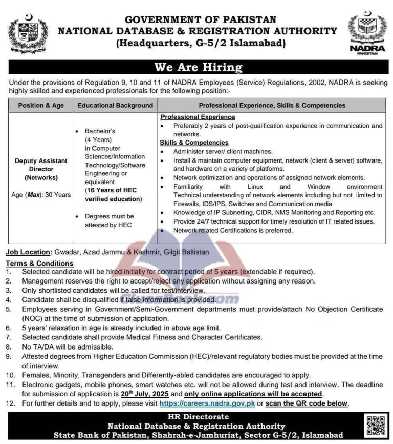 Deputy Assistant Director Networks NADRA Jobs 2025
