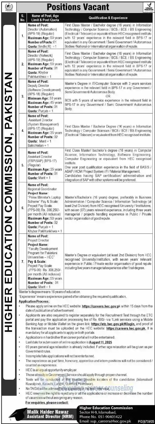 Director & Coordinator Jobs at HEC Islamabad by Aug 11, 2025 10 Director & Coordinator Jobs at HEC Islamabad by Aug 11, 2025