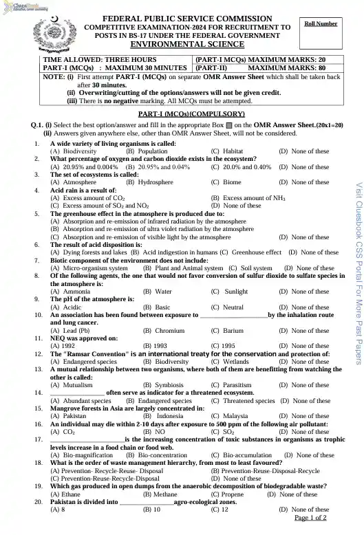 Environmental Science CSS Past Papers 2024 PDF 2 Environmental Science CSS Past Papers 2024 PDF