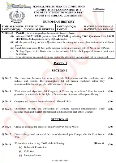 European History CSS Papers Past 2016