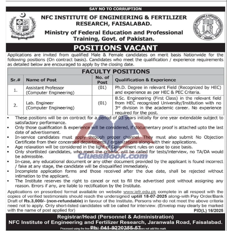Faculty Jobs at NFC Faisalabad 2025