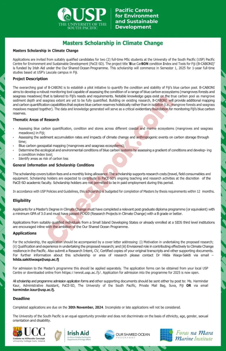 Fully Funded MSc Scholarship at USP Fiji