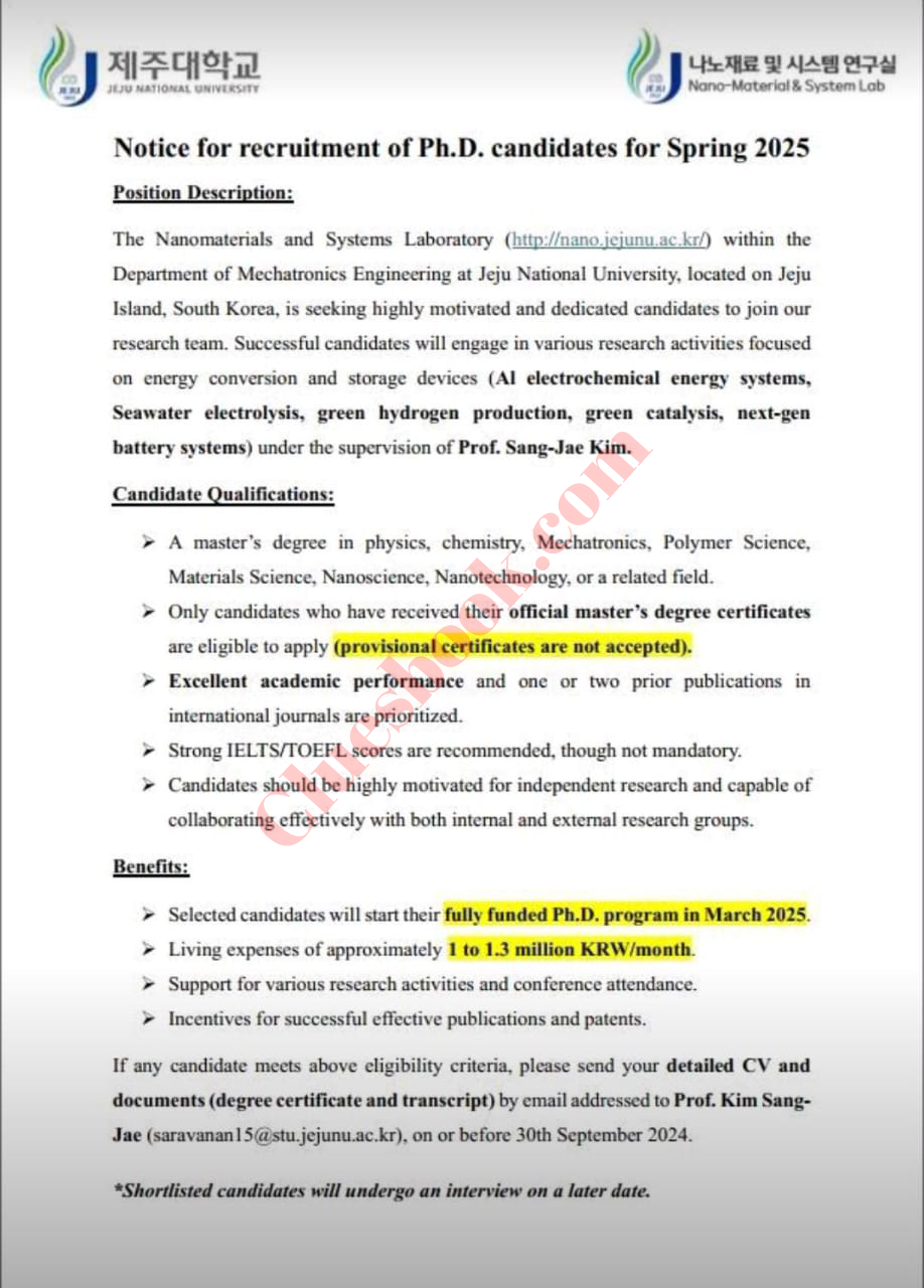 Fully Funded PhD Scholarship in Nanotechnology at Jeju National University 2025 | Apply Now 1 Fully Funded PhD Scholarship in Nanotechnology at Jeju National University