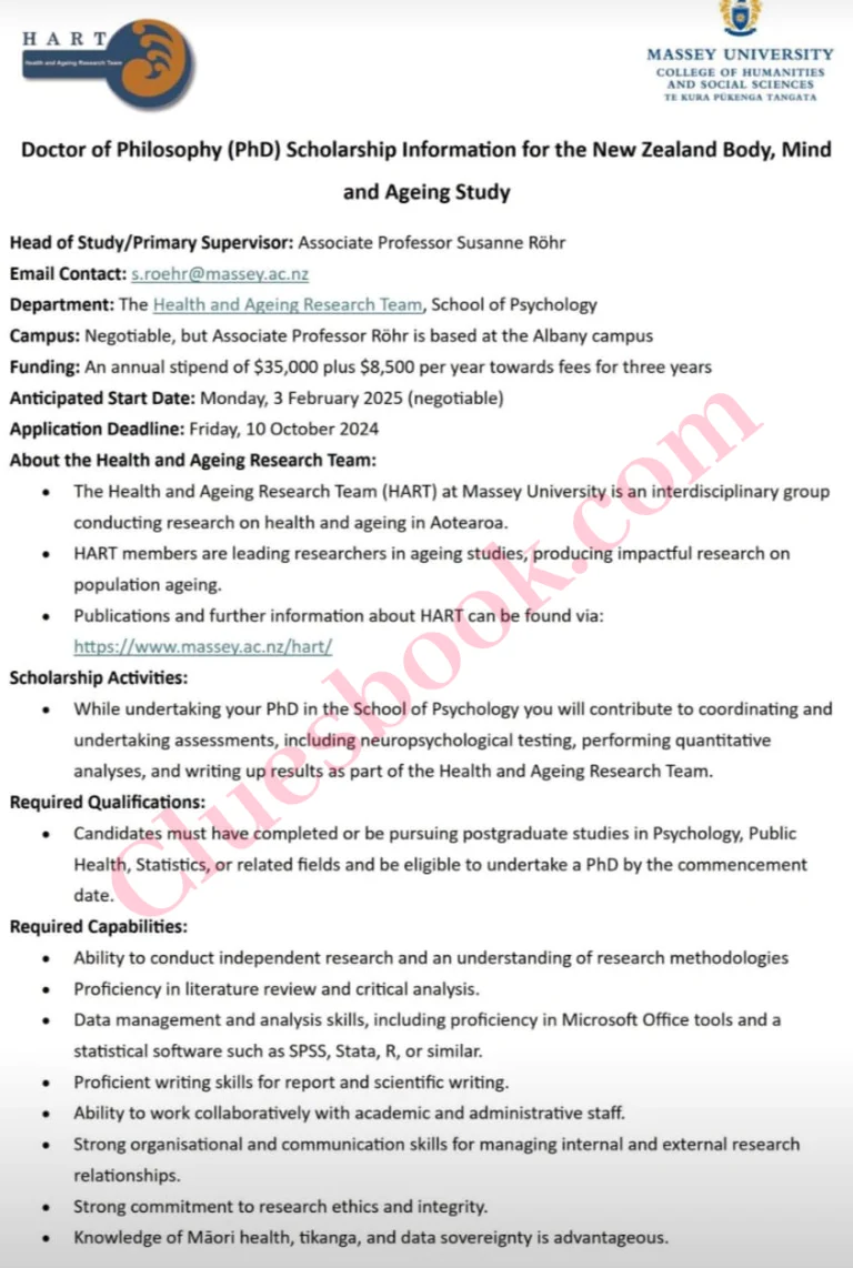 Fully Funded PhD Scholarships in New Zealand in Ageing Study