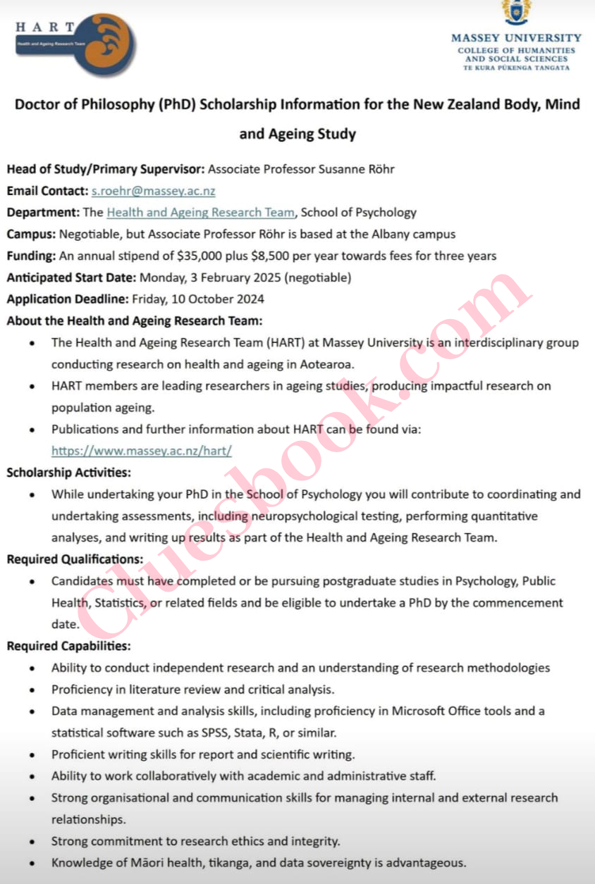 Fully Funded PhD Scholarships in New Zealand in Ageing Study 2024 1 Fully Funded PhD Scholarships in New Zealand in Ageing Study