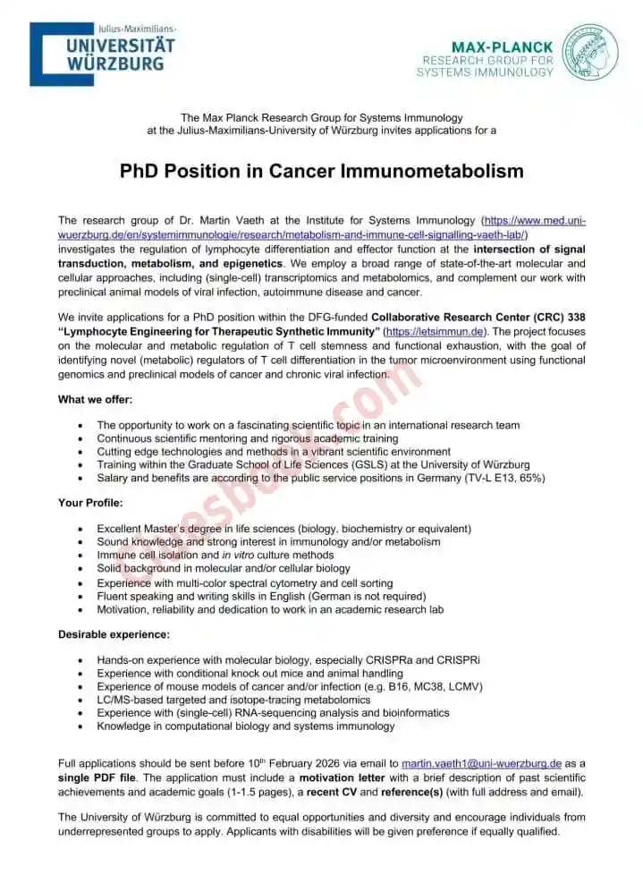Fully Funded PhD in Cancer Immunometabolism Germany 2026