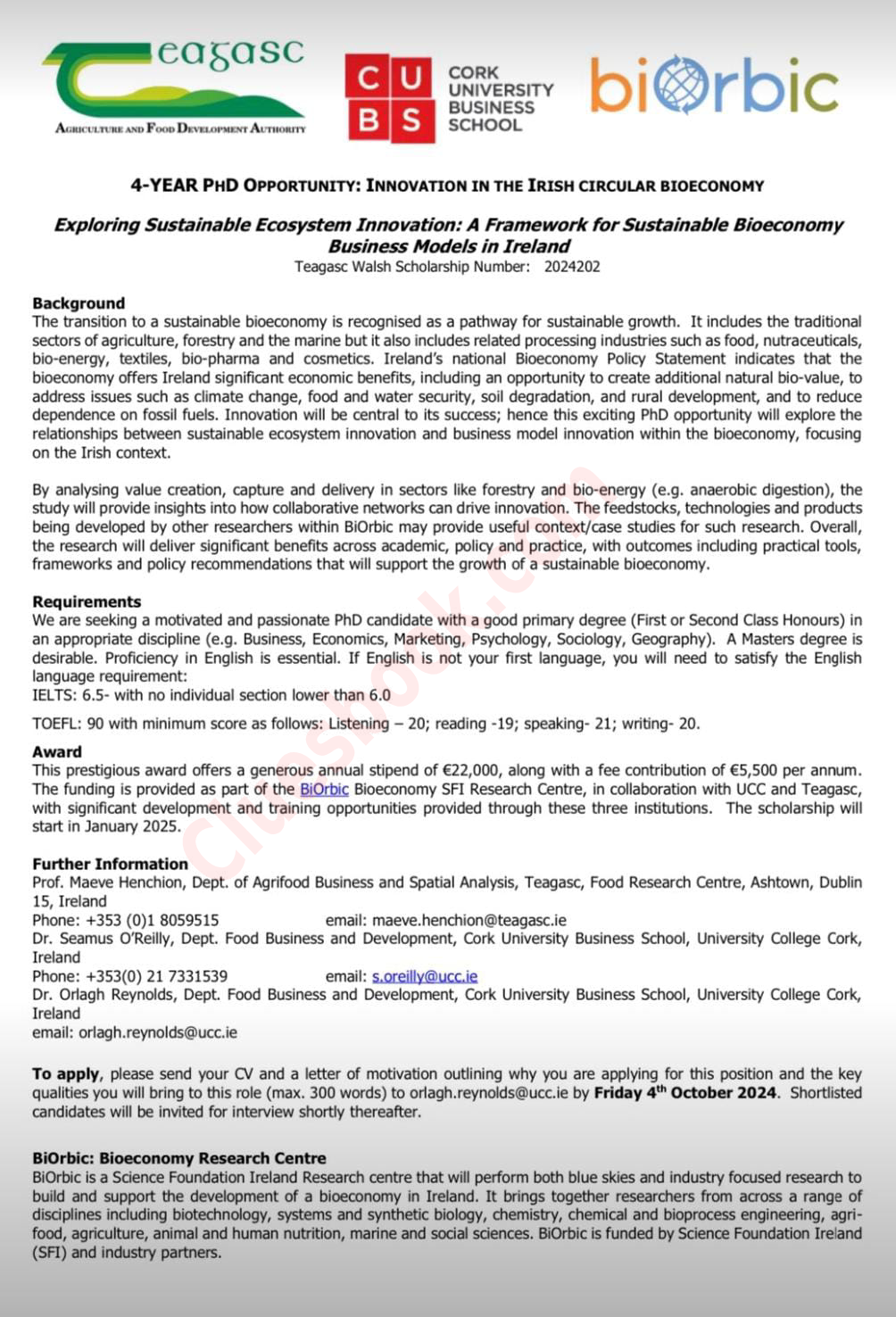 Scholarship for 4-Year Fully Funded PhD in Ireland: Revolutionising the Irish Circular Bioeconomy 1 Fully Funded PhD in Ireland