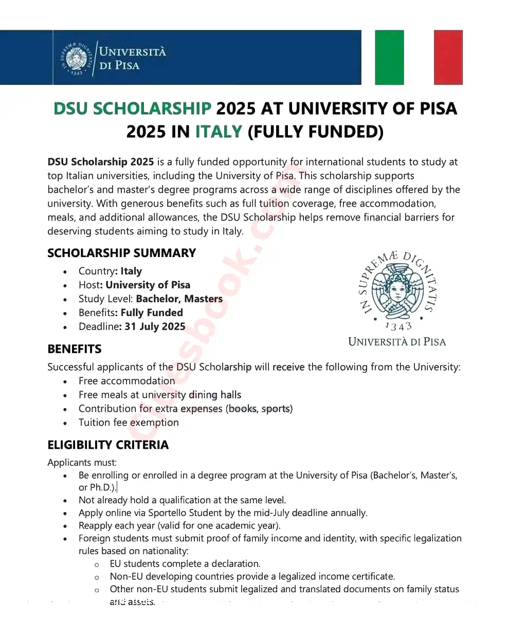 Fully Funded Scholarships at University of Pisa DSU 2025 1 Fully Funded Scholarships at University of Pisa DSU 2025-26