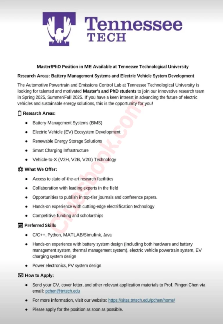 Fully Funded Scholarships for Masters/PhD in Electric Vehicle Systems at Tennessee Tech