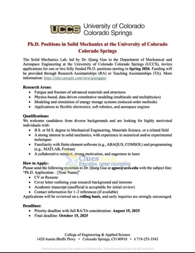 Fully Funded UCCS Scholarships for PhD in Solid Mechanics USA 2025