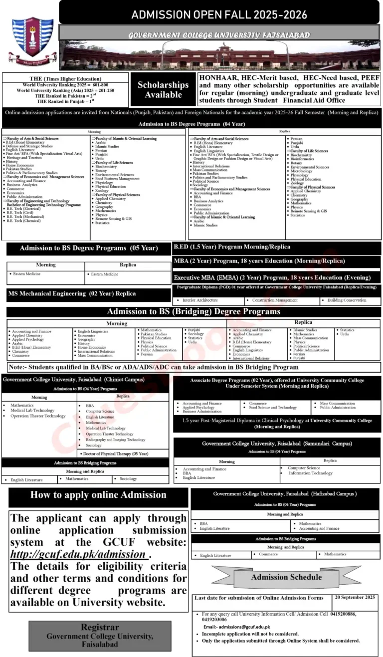 GCUF Admissions Open Faisalabad Fall 2025-2026