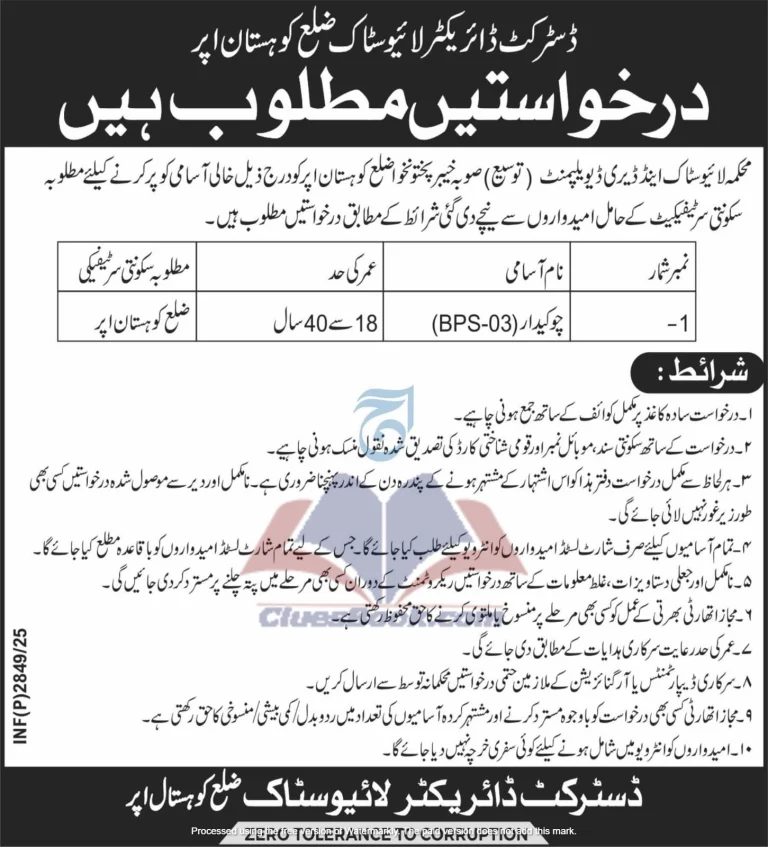 Govt Chowkidar Jobs in Kohistan Upper – Apply Now 4 Govt Chowkidar Jobs in Kohistan Upper