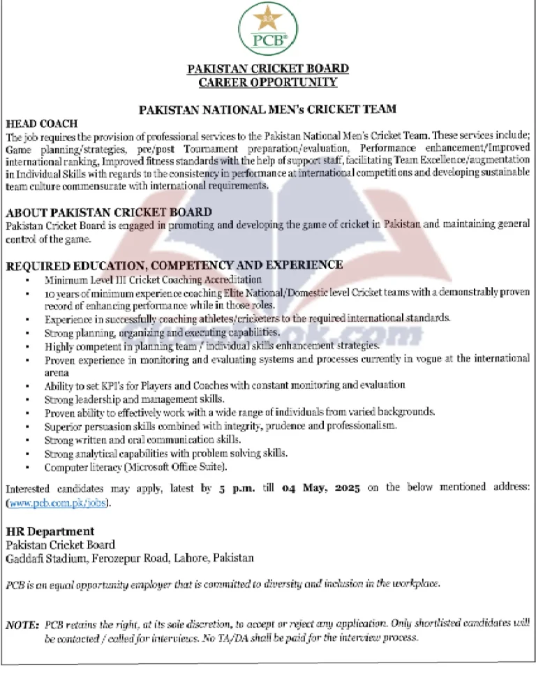 Head Coach Jobs for Pakistan National Men's Cricket Team 2025 12 Head Coach Jobs for Pakistan National Men's Cricket Team 2025