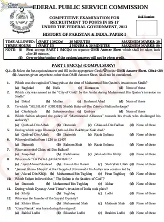 History of India & Pakistan Topics Wise Past Papers CSS 2013