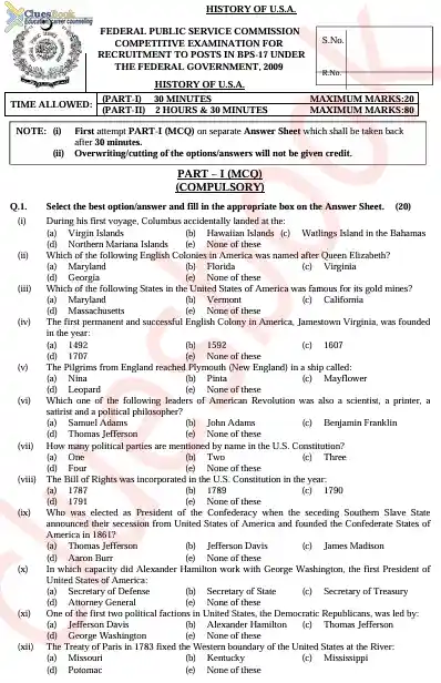 History of USA CSS Past Paper 2009 PDF 1 History of USA CSS Past Paper 2009