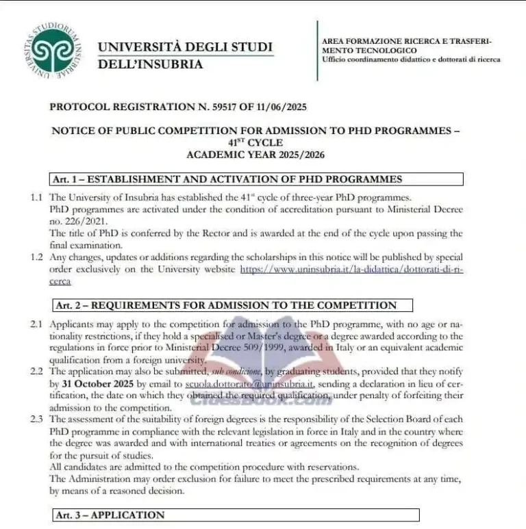 Insubria University PhD Scholarships in Italy 2025 (Fully Funded)