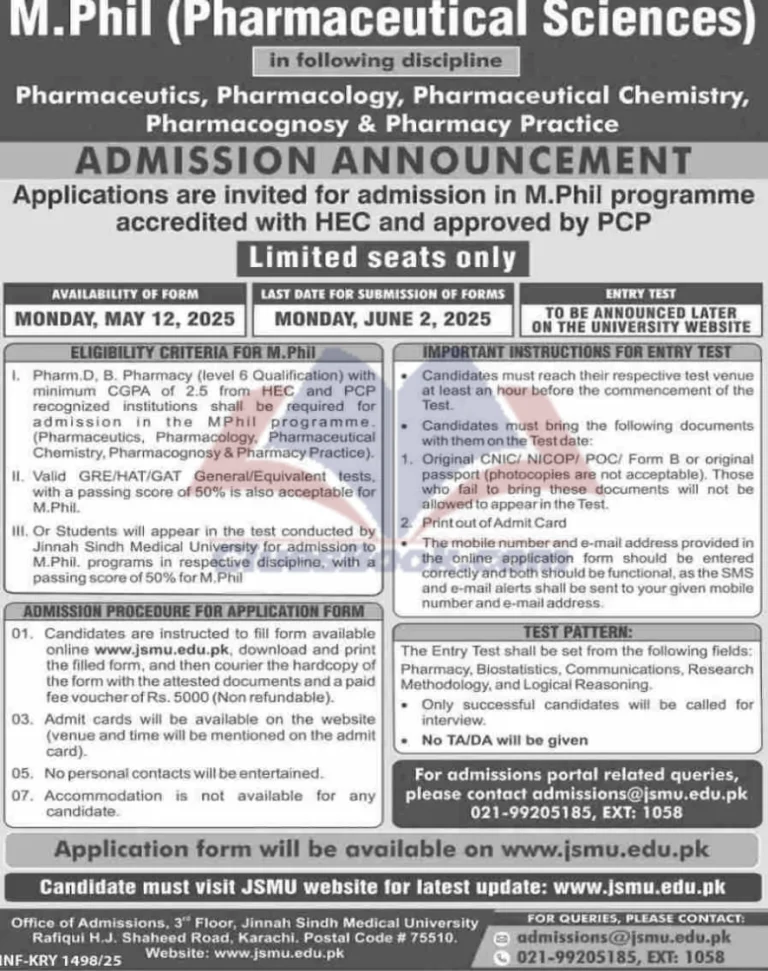 M.Phil Pharmaceutical Sciences at JSMU Admissions 2025