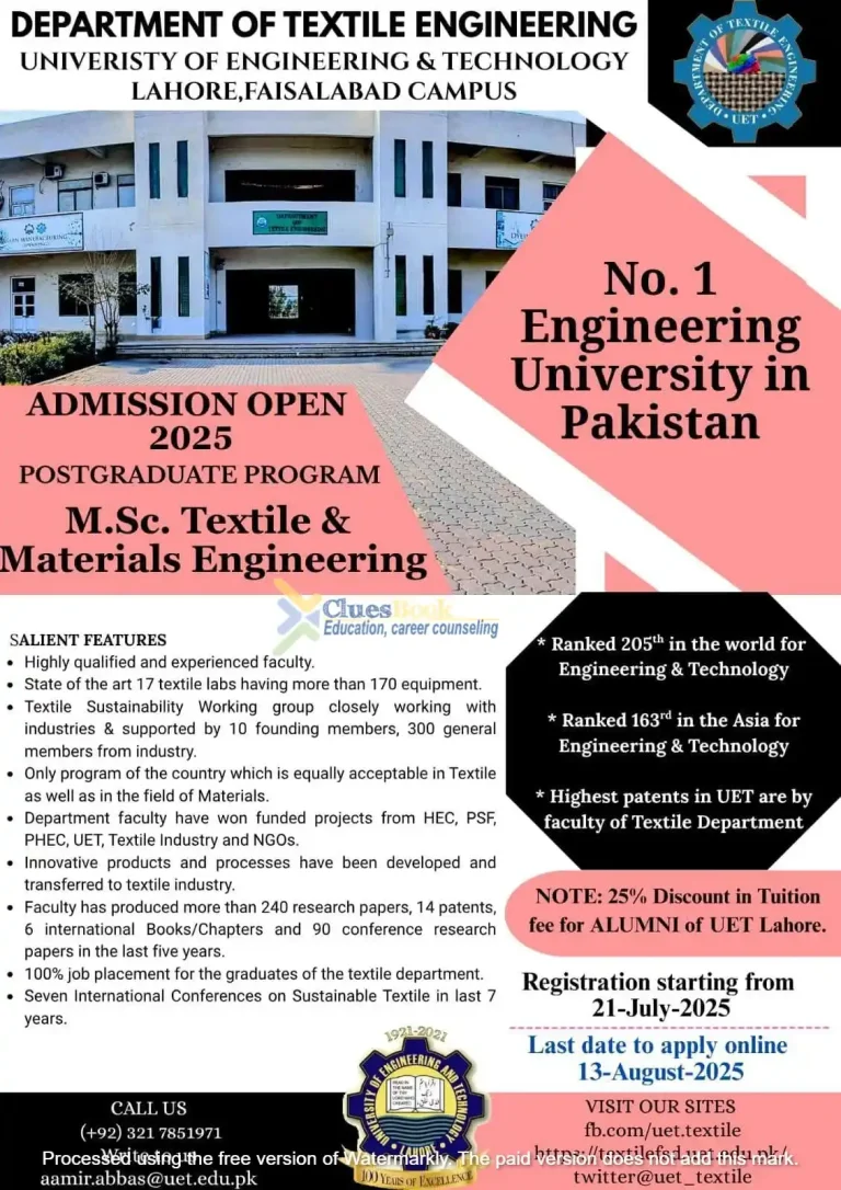 M.Sc. Textile & Materials Engineering UET Admission 2025 1 M.Sc. Textile & Materials Engineering UET Admission 2025