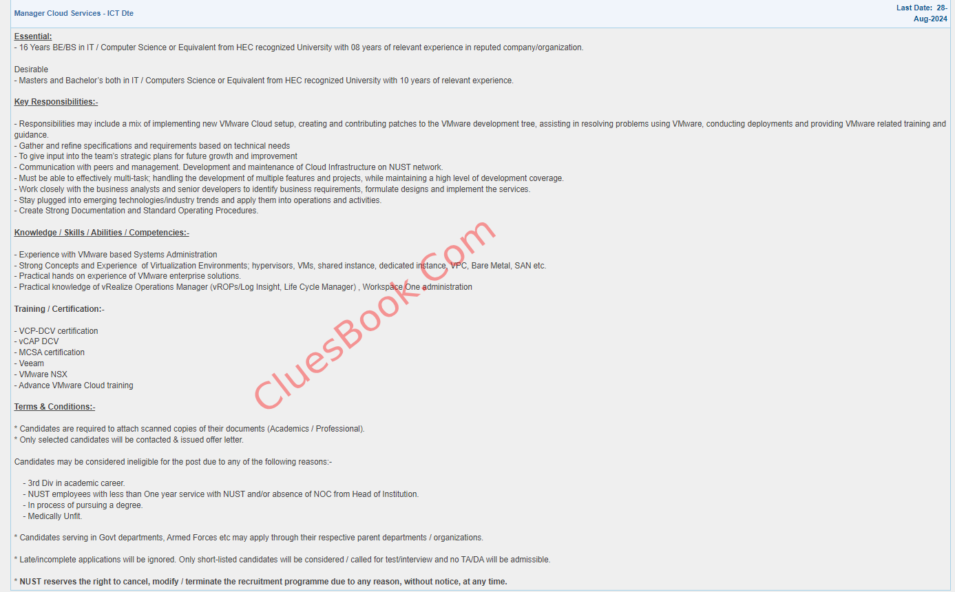 Manager Cloud Services jobs at ICT Directorate NUST 2024 | (NUST Jobs) 1 Manager Cloud Services jobs at ICT Directorate NUST 2024 | (NUST Jobs)