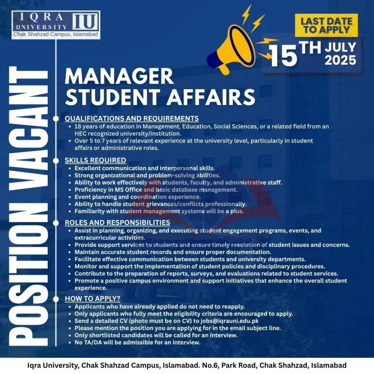 Manager Student Affairs Jobs at Iqra University Islamabad 2025