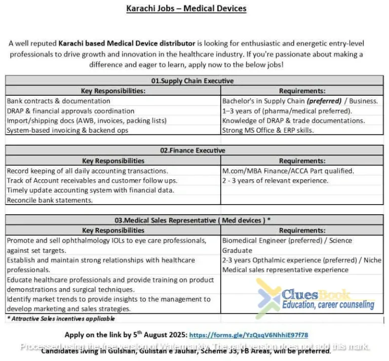 Medical Device Jobs in Karachi Apply by 5th August 2025 3 Medical Device Jobs in Karachi Apply by 5th August 2025
