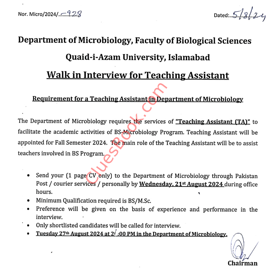 Microbiology Teaching Assistant Jobs at Quaid-I-Azam University, Islamabad 2024 1 Microbiology Teaching Assistant Jobs at Quaid-I-Azam University, Islamabad