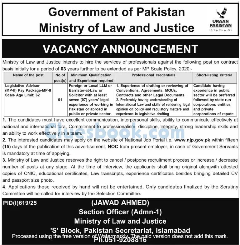 Ministry of Law and Justice for Legislative Advisor 2025 3 Ministry of Law and Justice for Legislative Advisor 2025