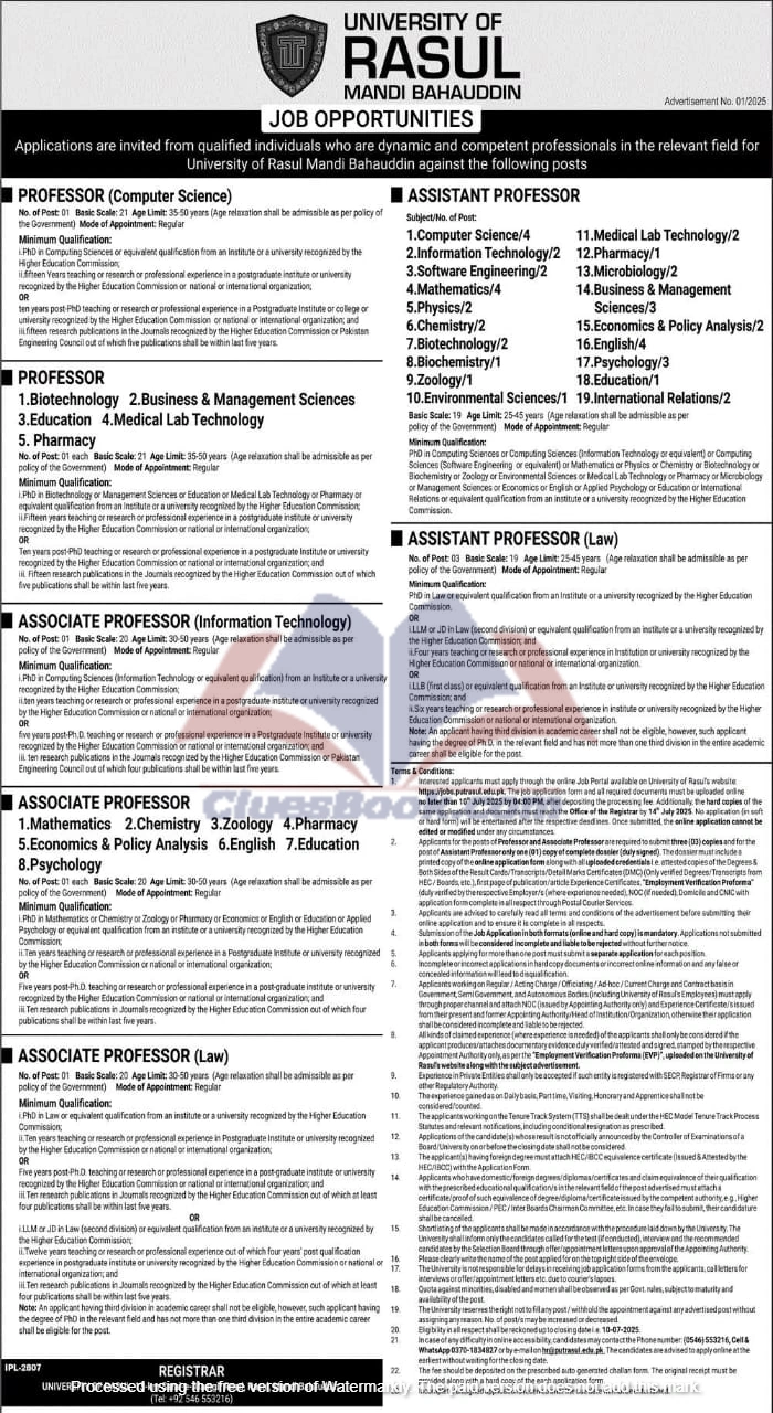 Multiple University of Rasul Jobs in Mandi Bahauddin 2025