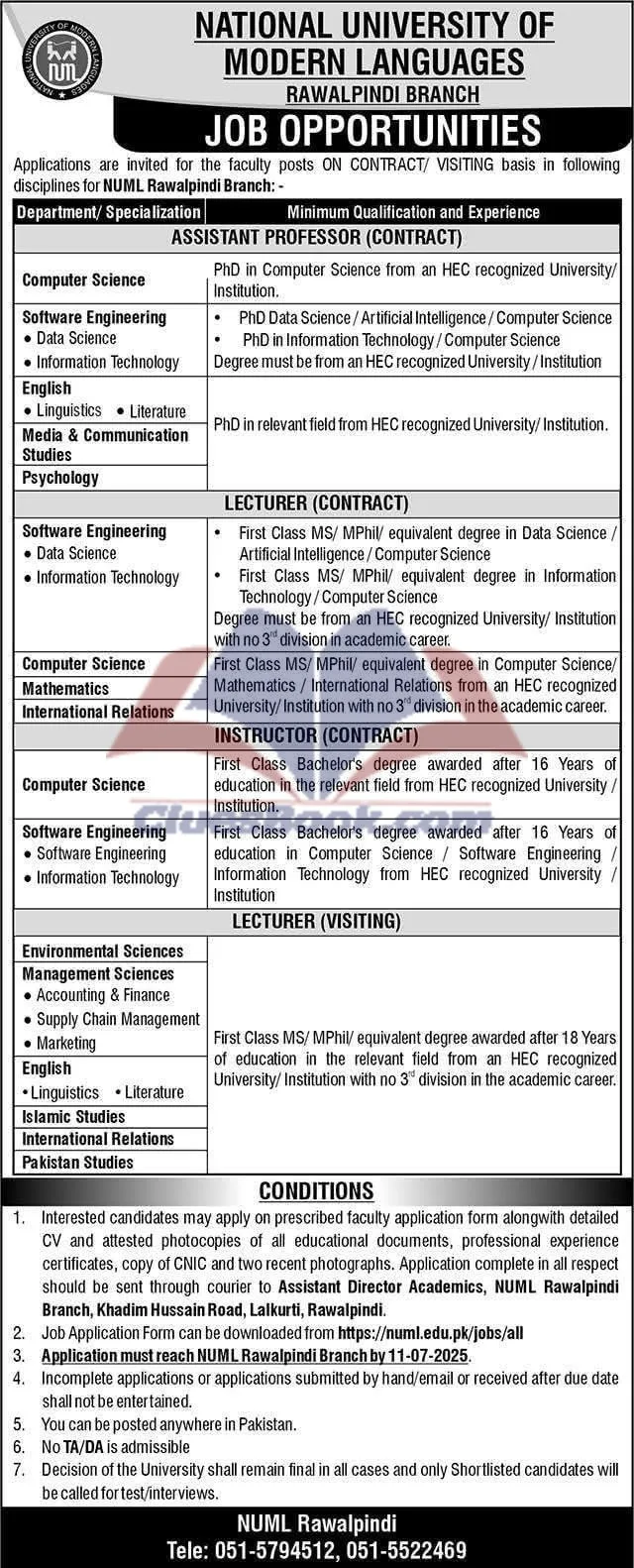 NUML Rawalpindi Faculty Jobs 2025
