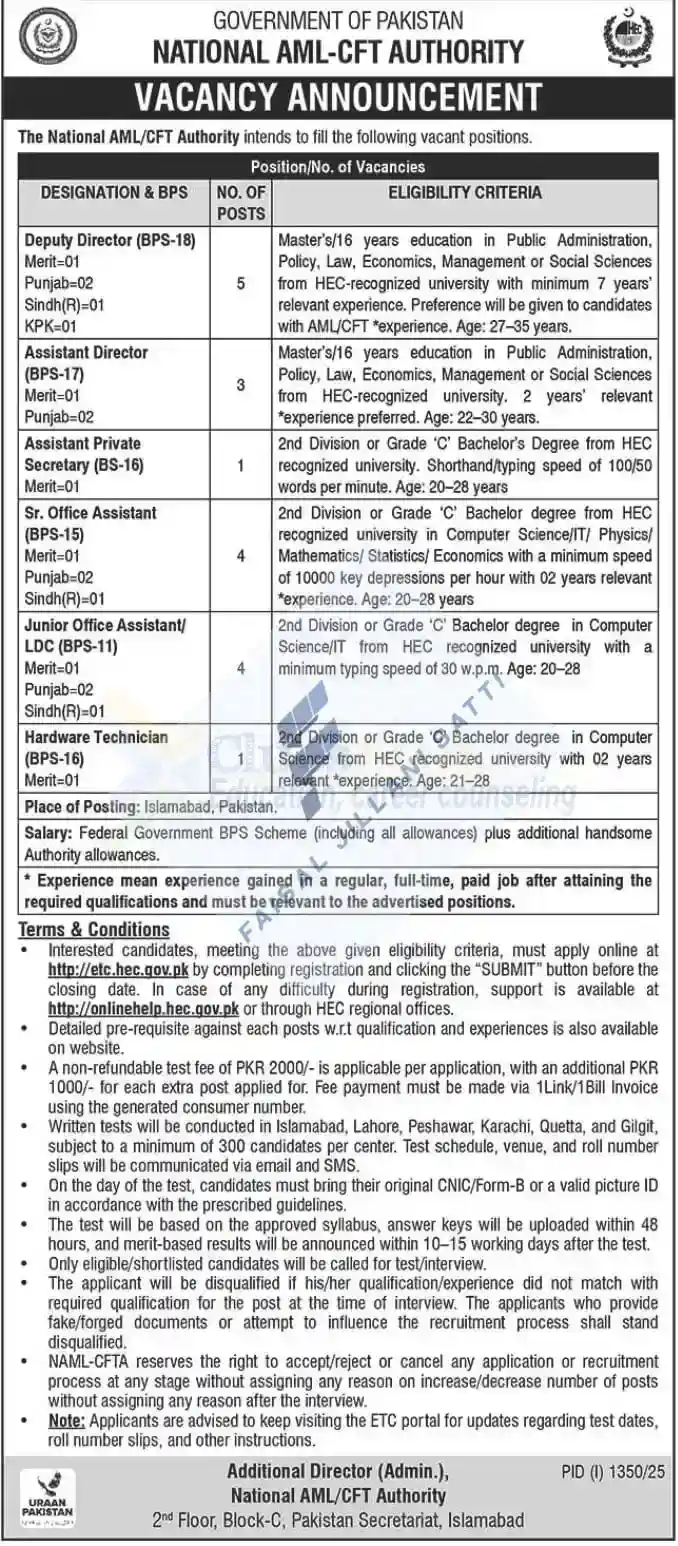 National AML CFT Authority Jobs In Islamabad