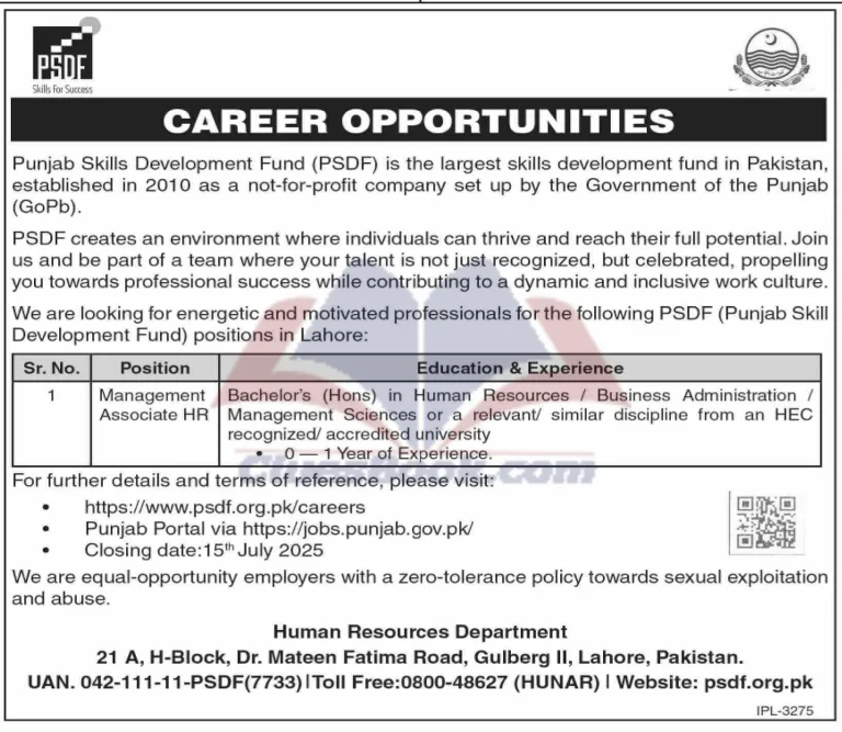 PSDF Management Associate HR Jobs in Lahore 2025